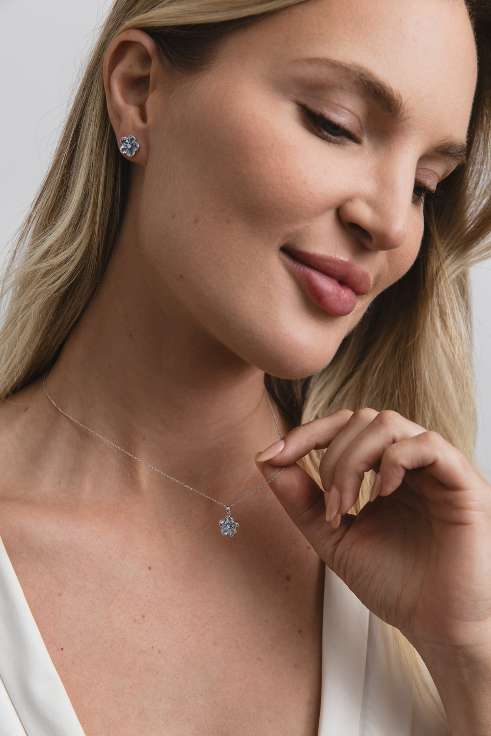 Natural Blue Topaz and Diamond Floral Pendant Necklace, 14k White Gold